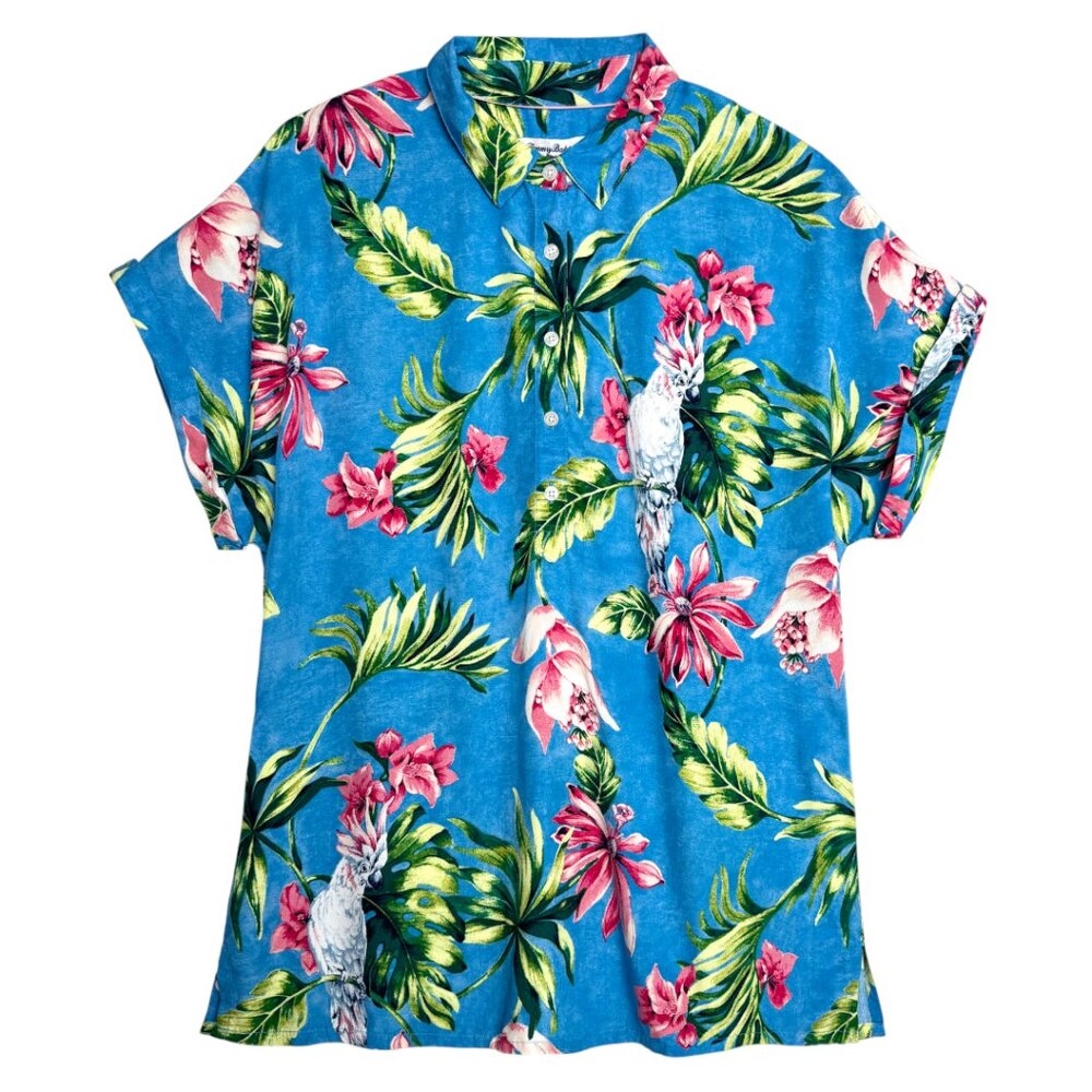 TOMMY BAHAMA TROPICAL TWEETS POPOVER SHIRT RESORT SHORT SLEEVE BLUE NWT M